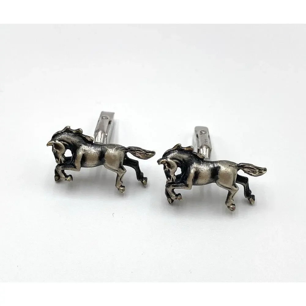 Horses Cufflinks Men Unisex Pewter Tone 3D Accessories